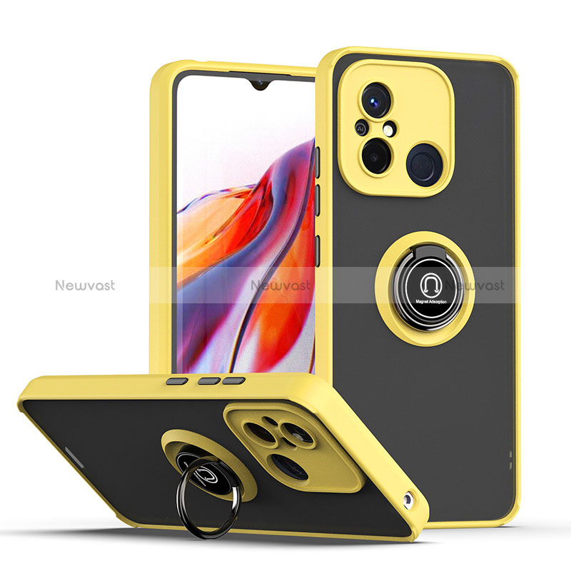 Silicone Matte Finish and Plastic Back Cover Case with Magnetic Finger Ring Stand QW2 for Xiaomi Poco C55 Yellow