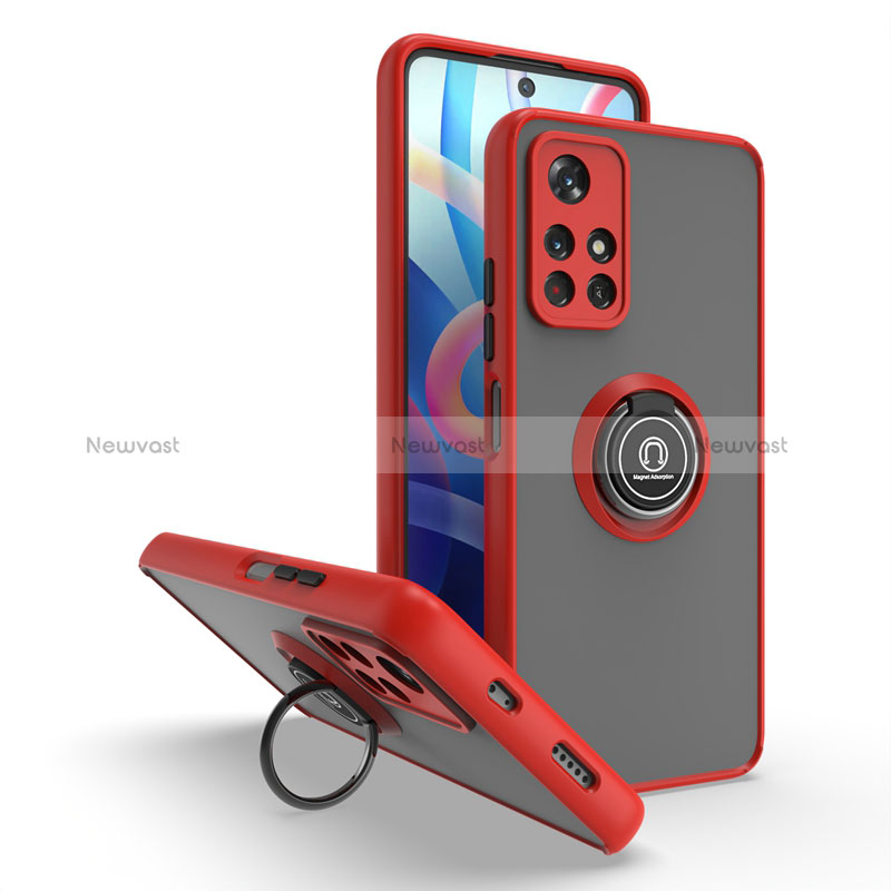 Silicone Matte Finish and Plastic Back Cover Case with Magnetic Finger Ring Stand QW2 for Xiaomi Poco M4 Pro 5G