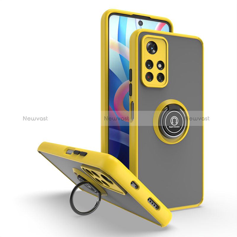 Silicone Matte Finish and Plastic Back Cover Case with Magnetic Finger Ring Stand QW2 for Xiaomi Poco M4 Pro 5G Yellow