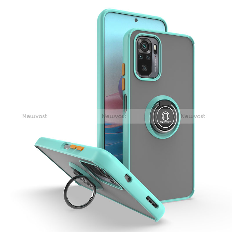 Silicone Matte Finish and Plastic Back Cover Case with Magnetic Finger Ring Stand QW2 for Xiaomi Poco M5S Cyan