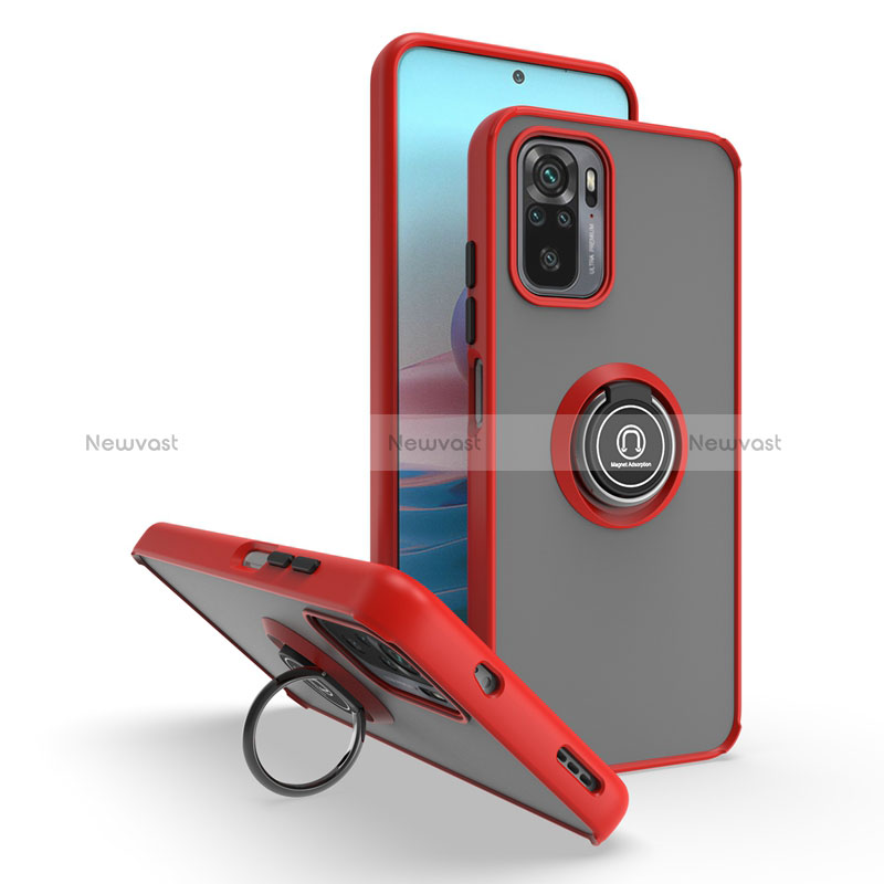 Silicone Matte Finish and Plastic Back Cover Case with Magnetic Finger Ring Stand QW2 for Xiaomi Poco M5S Red