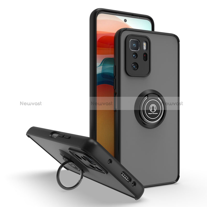 Silicone Matte Finish and Plastic Back Cover Case with Magnetic Finger Ring Stand QW2 for Xiaomi Poco X3 GT 5G Black