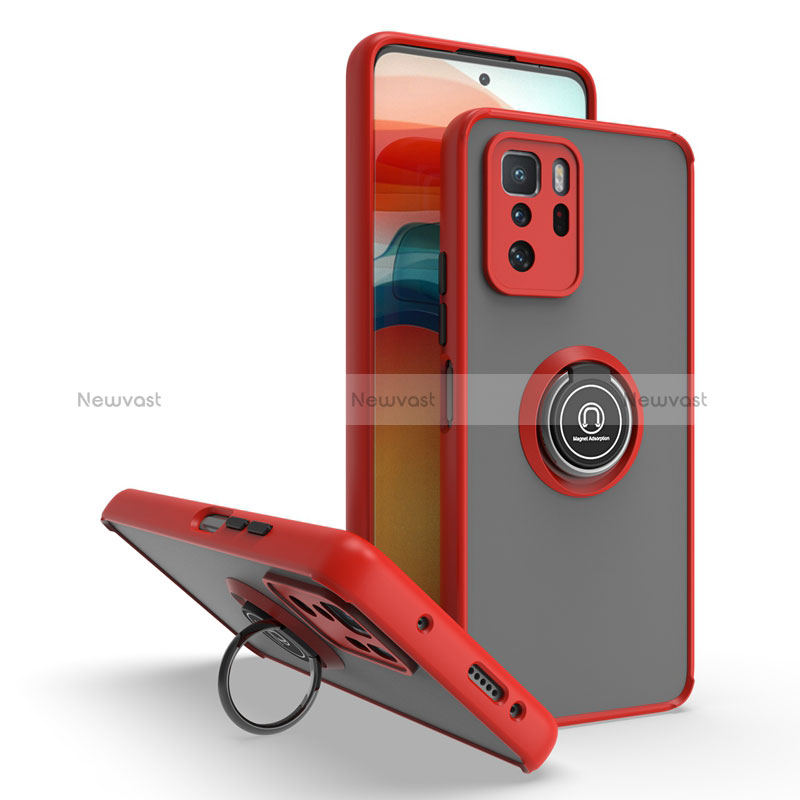 Silicone Matte Finish and Plastic Back Cover Case with Magnetic Finger Ring Stand QW2 for Xiaomi Poco X3 GT 5G Red