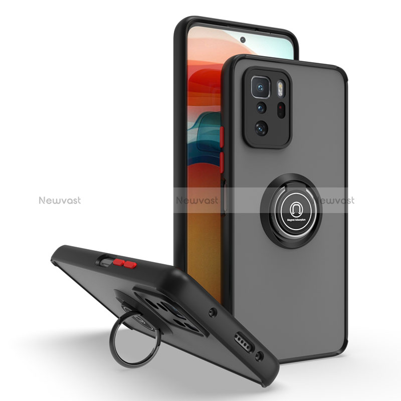 Silicone Matte Finish and Plastic Back Cover Case with Magnetic Finger Ring Stand QW2 for Xiaomi Poco X3 GT 5G Red and Black