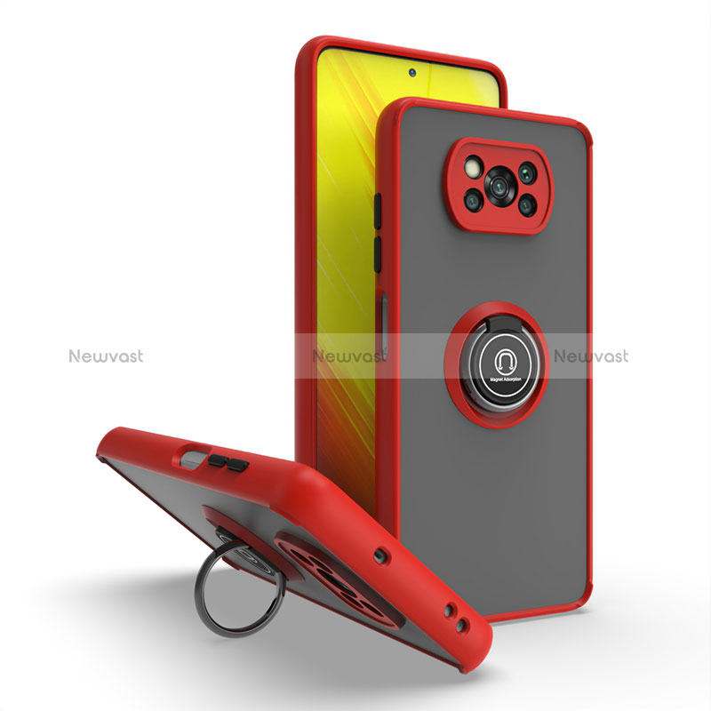 Silicone Matte Finish and Plastic Back Cover Case with Magnetic Finger Ring Stand QW2 for Xiaomi Poco X3 Red