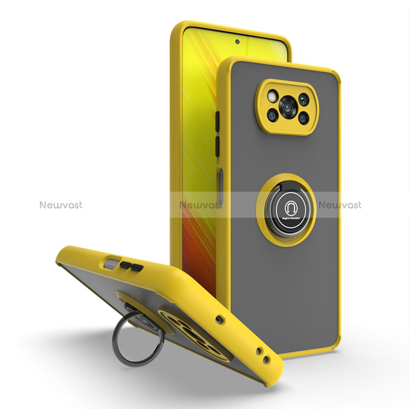 Silicone Matte Finish and Plastic Back Cover Case with Magnetic Finger Ring Stand QW2 for Xiaomi Poco X3 Yellow