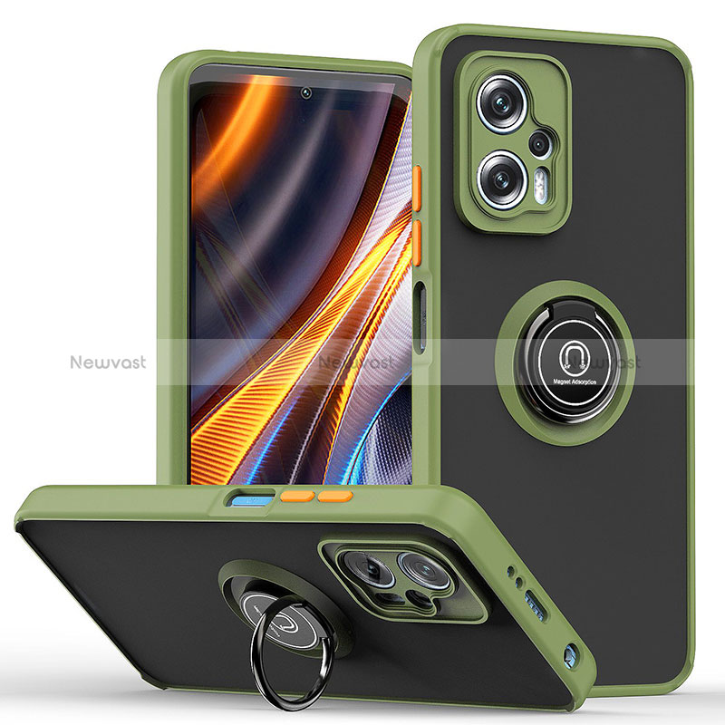 Silicone Matte Finish and Plastic Back Cover Case with Magnetic Finger Ring Stand QW2 for Xiaomi Poco X4 GT 5G Army green