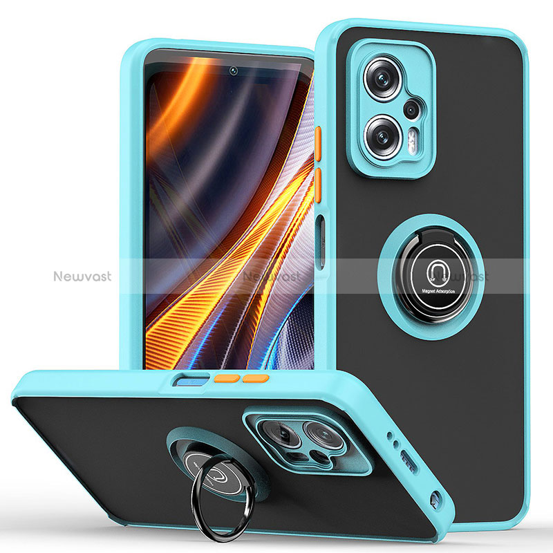 Silicone Matte Finish and Plastic Back Cover Case with Magnetic Finger Ring Stand QW2 for Xiaomi Poco X4 GT 5G Cyan