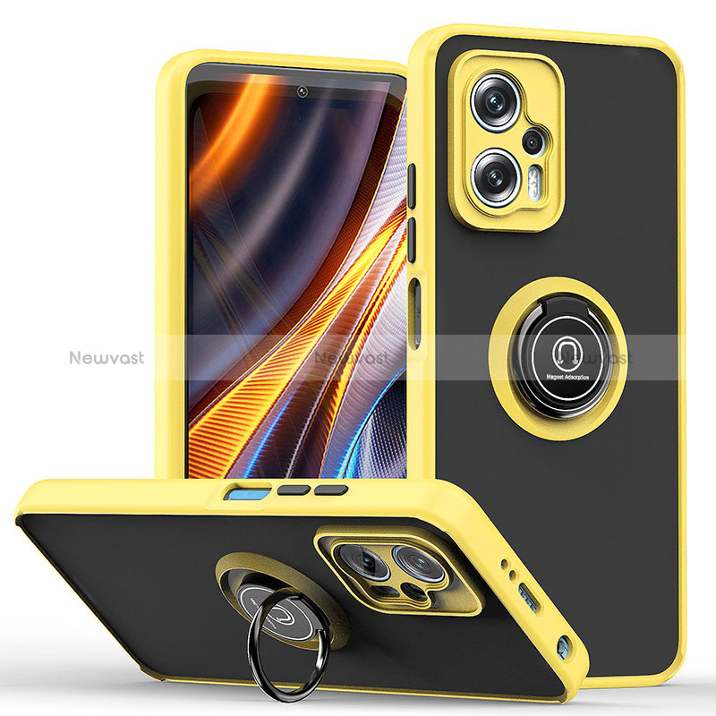 Silicone Matte Finish and Plastic Back Cover Case with Magnetic Finger Ring Stand QW2 for Xiaomi Poco X4 GT 5G Yellow