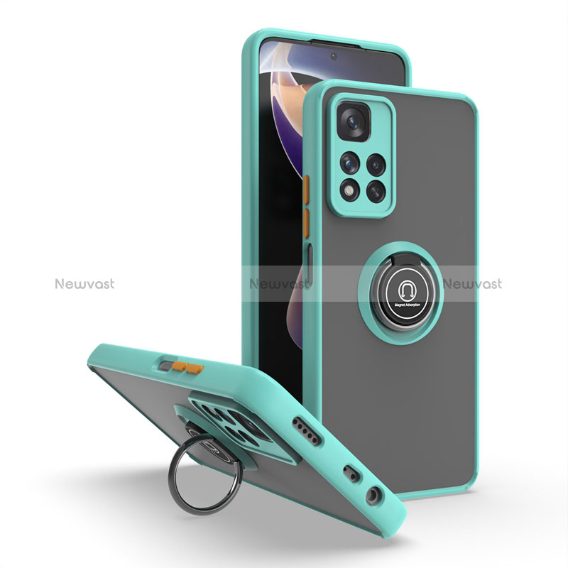 Silicone Matte Finish and Plastic Back Cover Case with Magnetic Finger Ring Stand QW2 for Xiaomi Poco X4 NFC Cyan