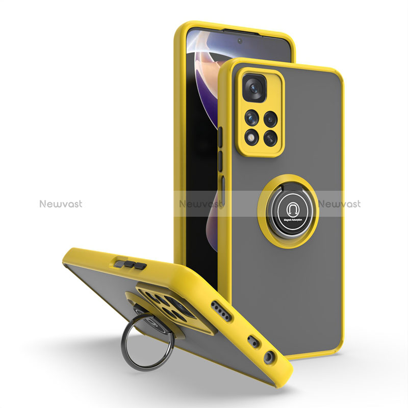 Silicone Matte Finish and Plastic Back Cover Case with Magnetic Finger Ring Stand QW2 for Xiaomi Poco X4 NFC Yellow