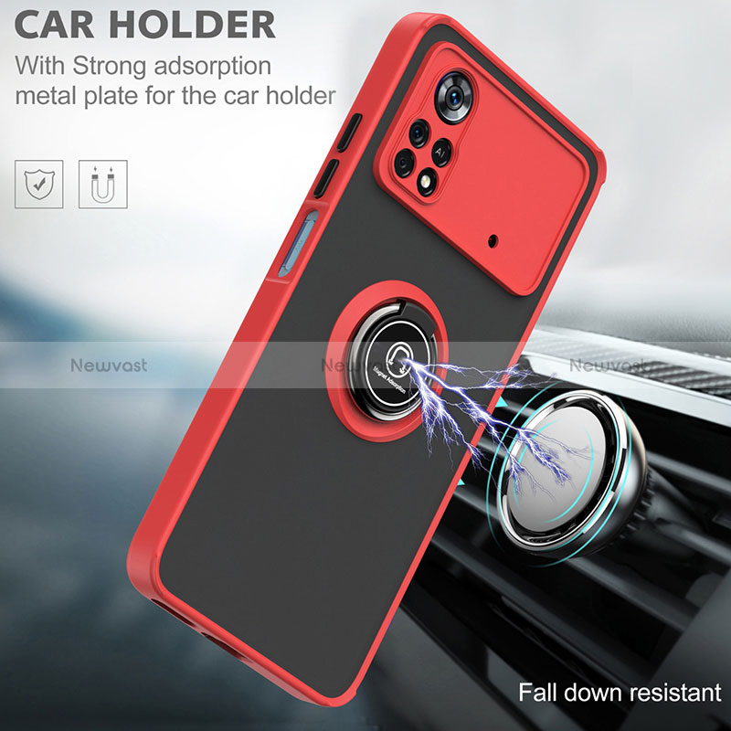 Silicone Matte Finish and Plastic Back Cover Case with Magnetic Finger Ring Stand QW2 for Xiaomi Poco X4 Pro 5G