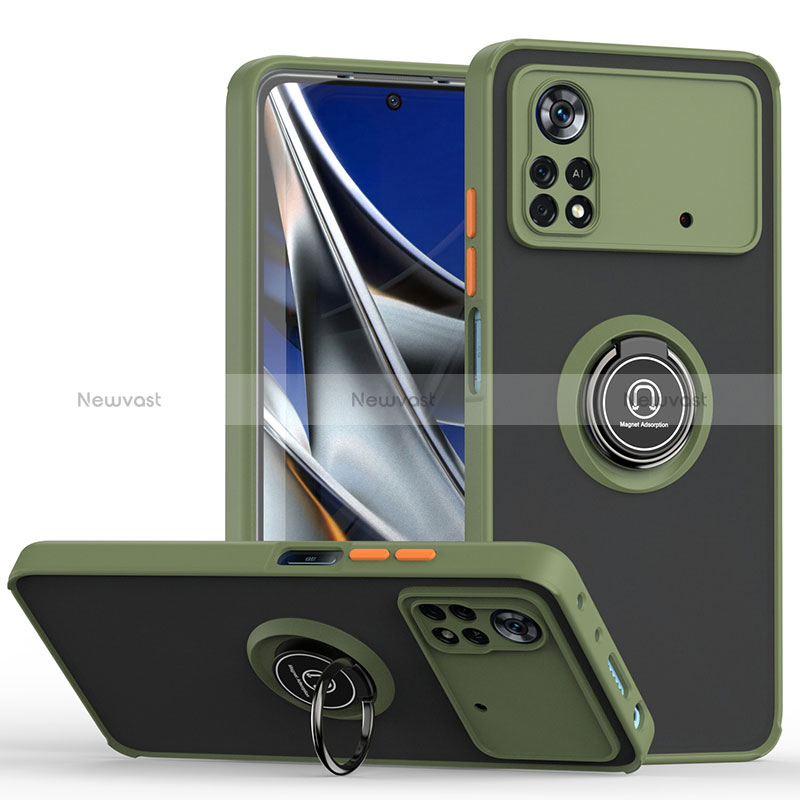 Silicone Matte Finish and Plastic Back Cover Case with Magnetic Finger Ring Stand QW2 for Xiaomi Poco X4 Pro 5G Army green