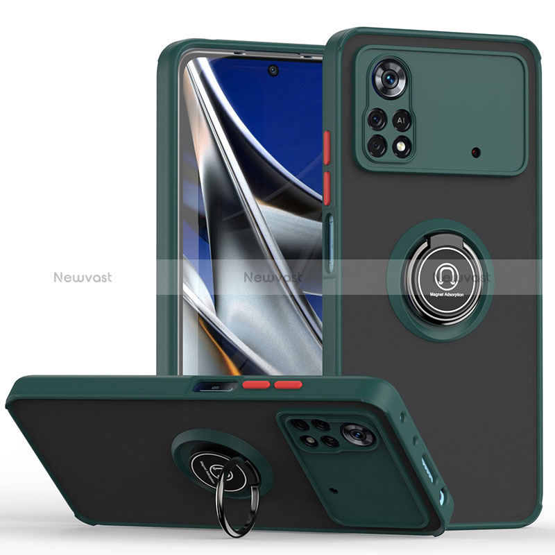 Silicone Matte Finish and Plastic Back Cover Case with Magnetic Finger Ring Stand QW2 for Xiaomi Poco X4 Pro 5G Midnight Green