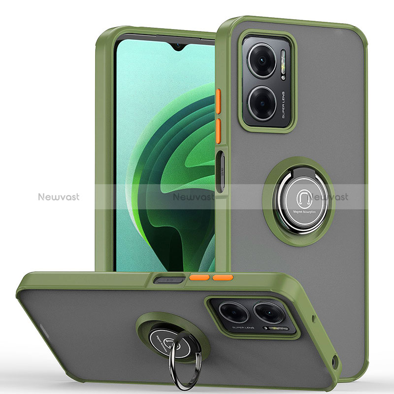 Silicone Matte Finish and Plastic Back Cover Case with Magnetic Finger Ring Stand QW2 for Xiaomi Redmi 10 5G Army green