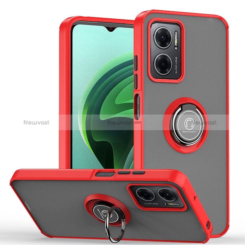 Silicone Matte Finish and Plastic Back Cover Case with Magnetic Finger Ring Stand QW2 for Xiaomi Redmi 11 Prime 5G Red