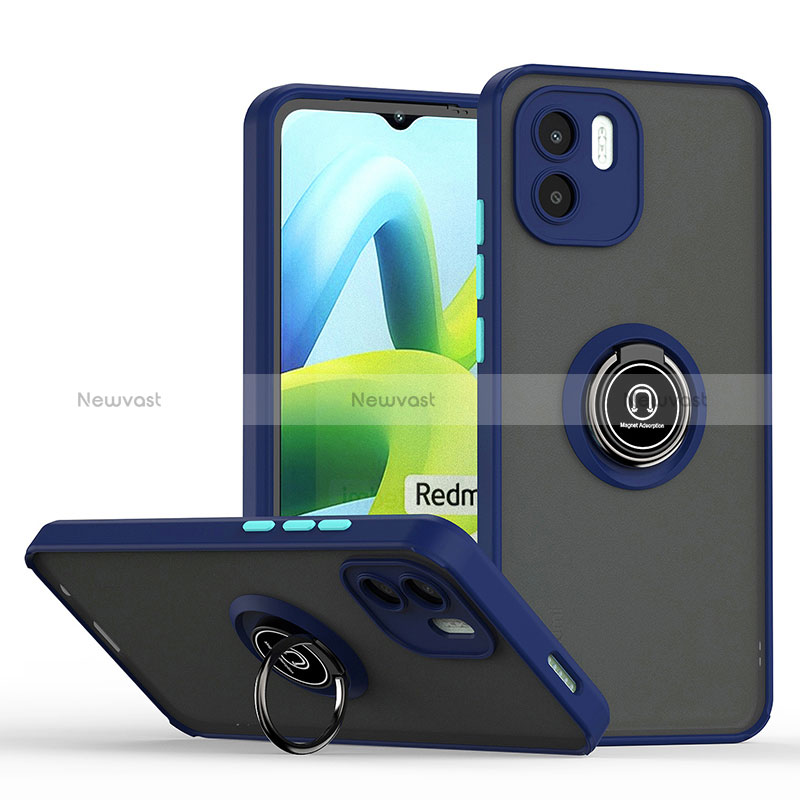 Silicone Matte Finish and Plastic Back Cover Case with Magnetic Finger Ring Stand QW2 for Xiaomi Redmi A1 Blue