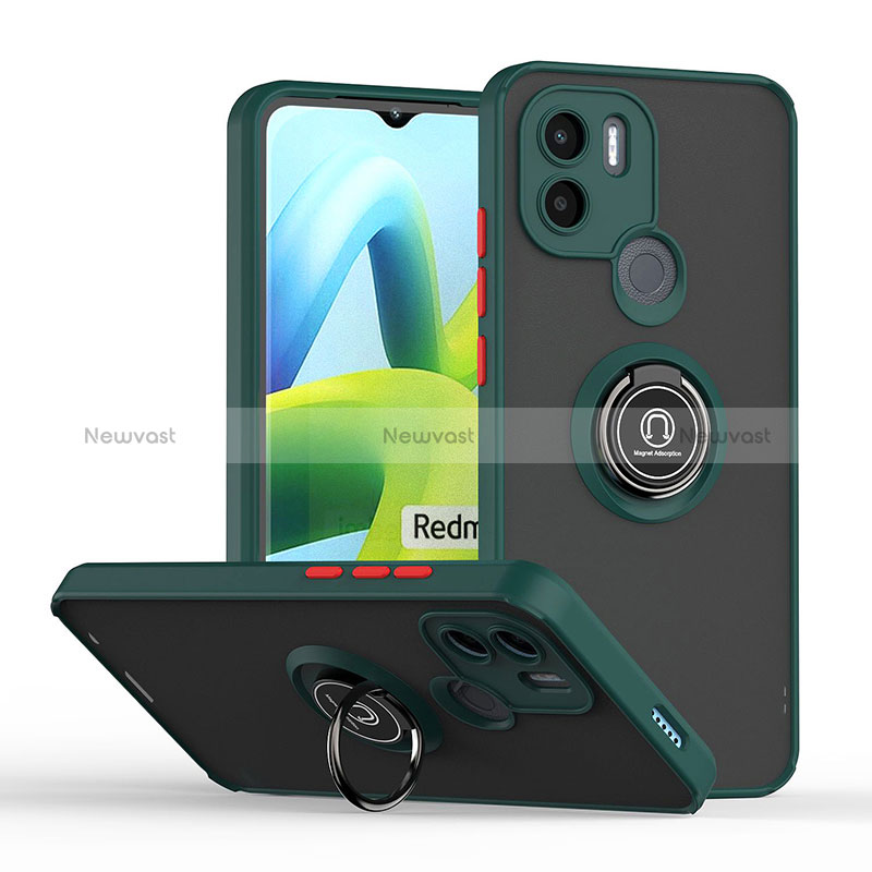 Silicone Matte Finish and Plastic Back Cover Case with Magnetic Finger Ring Stand QW2 for Xiaomi Redmi A1 Plus Midnight Green