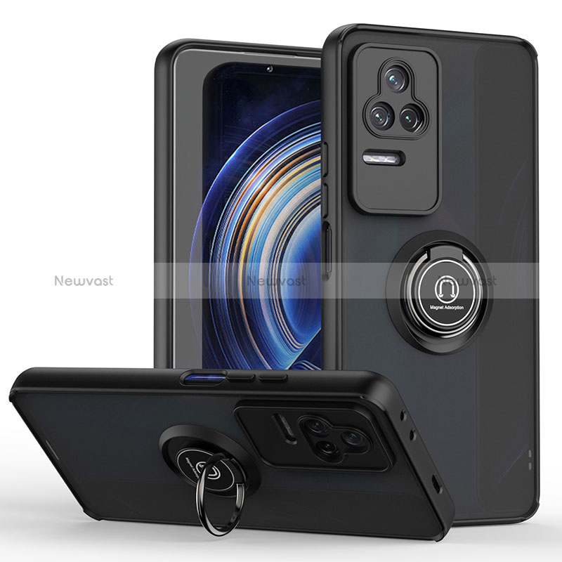 Silicone Matte Finish and Plastic Back Cover Case with Magnetic Finger Ring Stand QW2 for Xiaomi Redmi K50 5G Black