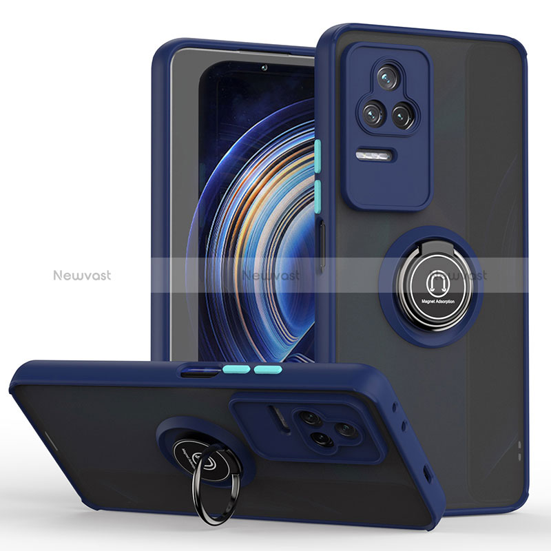 Silicone Matte Finish and Plastic Back Cover Case with Magnetic Finger Ring Stand QW2 for Xiaomi Redmi K50 5G Blue