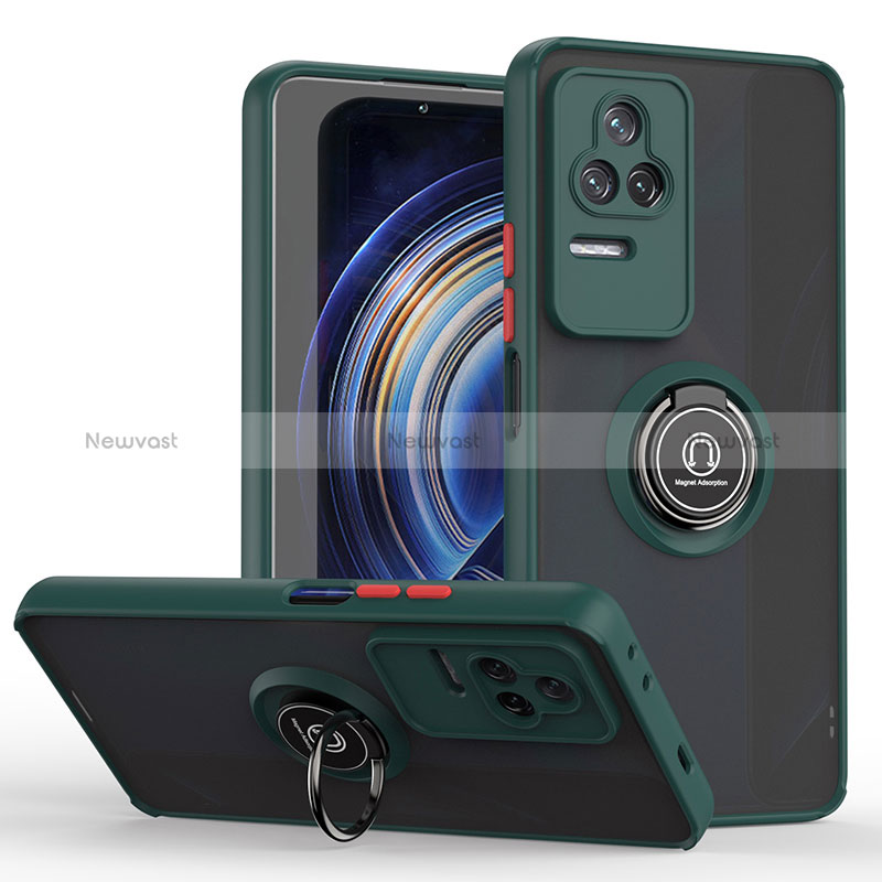 Silicone Matte Finish and Plastic Back Cover Case with Magnetic Finger Ring Stand QW2 for Xiaomi Redmi K50 5G Midnight Green