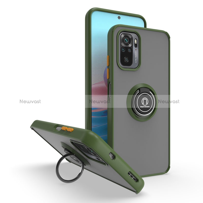 Silicone Matte Finish and Plastic Back Cover Case with Magnetic Finger Ring Stand QW2 for Xiaomi Redmi Note 10 4G Army green