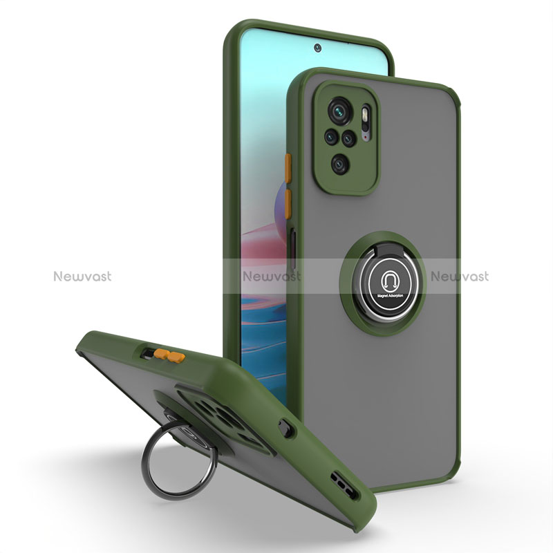 Silicone Matte Finish and Plastic Back Cover Case with Magnetic Finger Ring Stand QW2 for Xiaomi Redmi Note 10 Pro 4G Army green