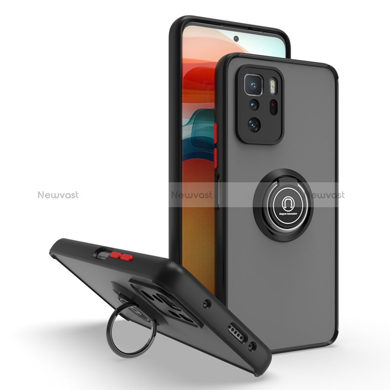 Silicone Matte Finish and Plastic Back Cover Case with Magnetic Finger Ring Stand QW2 for Xiaomi Redmi Note 10 Pro 5G Red and Black