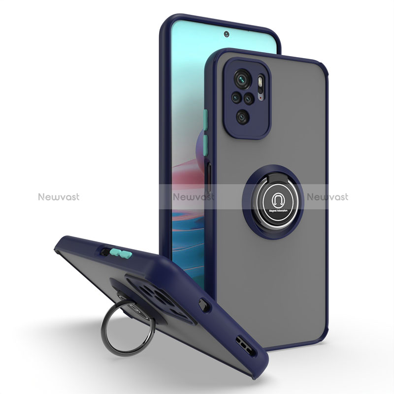 Silicone Matte Finish and Plastic Back Cover Case with Magnetic Finger Ring Stand QW2 for Xiaomi Redmi Note 10 Pro Max Blue