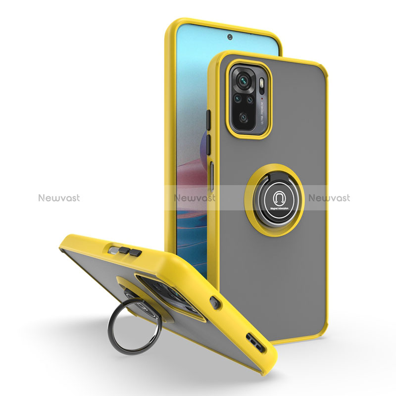 Silicone Matte Finish and Plastic Back Cover Case with Magnetic Finger Ring Stand QW2 for Xiaomi Redmi Note 10S 4G Yellow