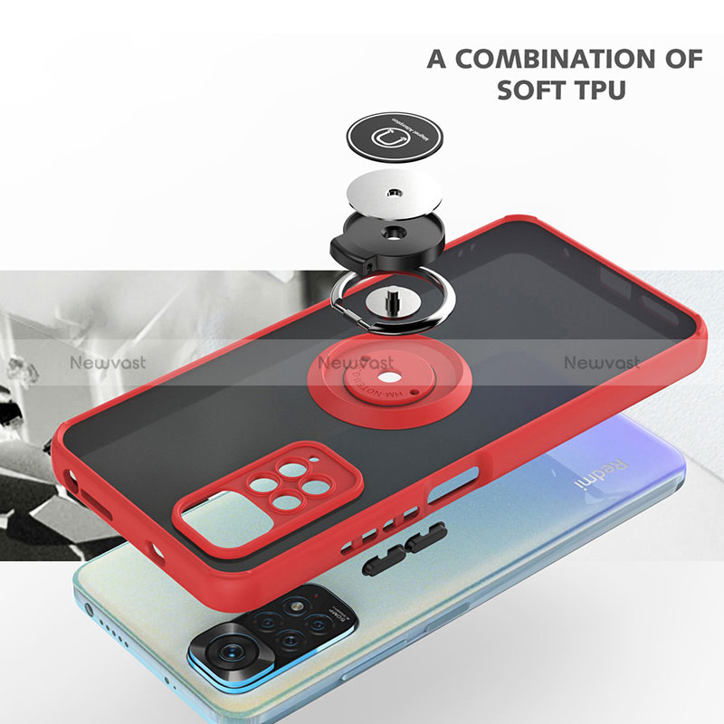 Silicone Matte Finish and Plastic Back Cover Case with Magnetic Finger Ring Stand QW2 for Xiaomi Redmi Note 11 4G (2022)