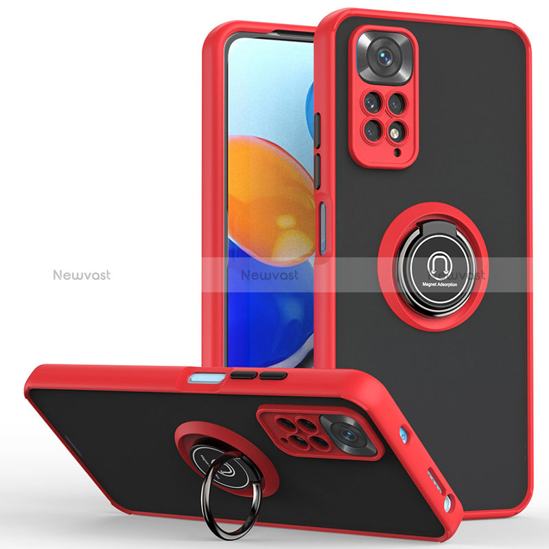 Silicone Matte Finish and Plastic Back Cover Case with Magnetic Finger Ring Stand QW2 for Xiaomi Redmi Note 11 4G (2022)