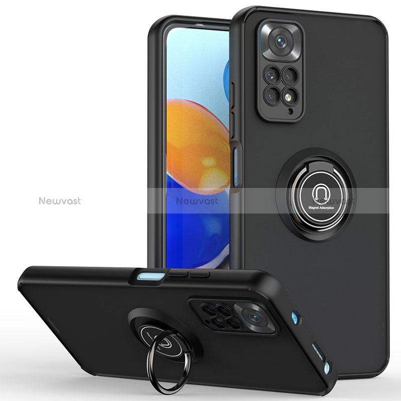 Silicone Matte Finish and Plastic Back Cover Case with Magnetic Finger Ring Stand QW2 for Xiaomi Redmi Note 11 4G (2022)