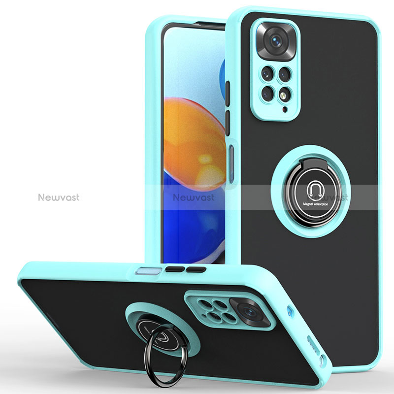 Silicone Matte Finish and Plastic Back Cover Case with Magnetic Finger Ring Stand QW2 for Xiaomi Redmi Note 11 4G (2022)