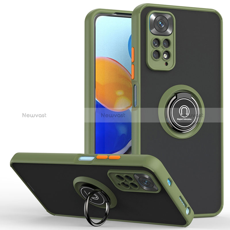 Silicone Matte Finish and Plastic Back Cover Case with Magnetic Finger Ring Stand QW2 for Xiaomi Redmi Note 11 4G (2022) Army green