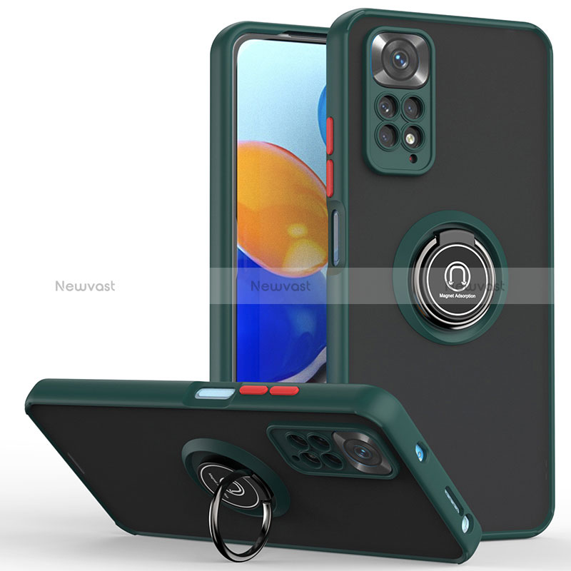 Silicone Matte Finish and Plastic Back Cover Case with Magnetic Finger Ring Stand QW2 for Xiaomi Redmi Note 11 4G (2022) Midnight Green