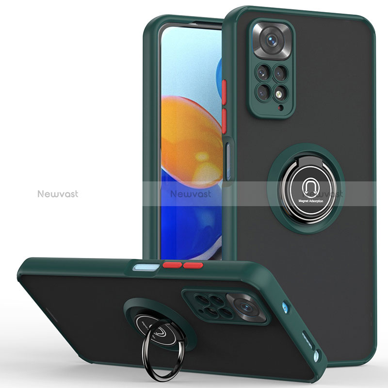 Silicone Matte Finish and Plastic Back Cover Case with Magnetic Finger Ring Stand QW2 for Xiaomi Redmi Note 11 Pro 4G