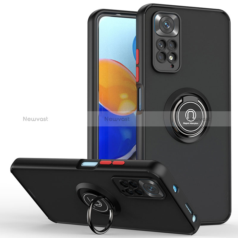 Silicone Matte Finish and Plastic Back Cover Case with Magnetic Finger Ring Stand QW2 for Xiaomi Redmi Note 11 Pro 4G Red and Black