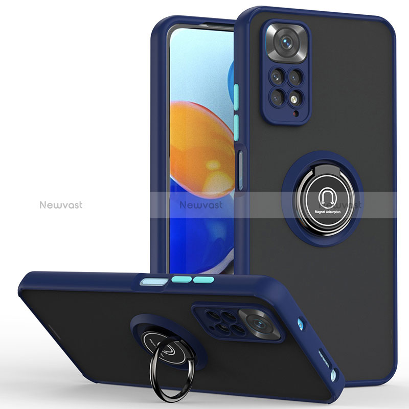 Silicone Matte Finish and Plastic Back Cover Case with Magnetic Finger Ring Stand QW2 for Xiaomi Redmi Note 11 Pro 5G Blue