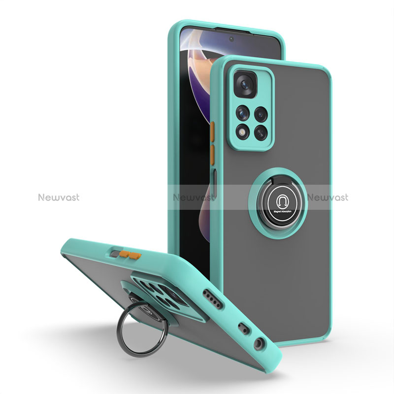 Silicone Matte Finish and Plastic Back Cover Case with Magnetic Finger Ring Stand QW2 for Xiaomi Redmi Note 11 Pro+ Plus 5G Cyan