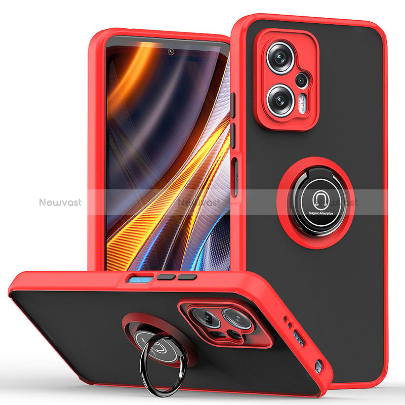 Silicone Matte Finish and Plastic Back Cover Case with Magnetic Finger Ring Stand QW2 for Xiaomi Redmi Note 11T Pro+ Plus 5G