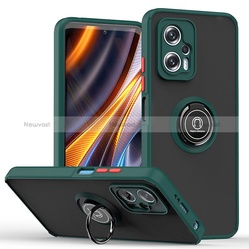 Silicone Matte Finish and Plastic Back Cover Case with Magnetic Finger Ring Stand QW2 for Xiaomi Redmi Note 11T Pro+ Plus 5G Midnight Green