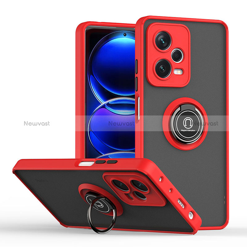 Silicone Matte Finish and Plastic Back Cover Case with Magnetic Finger Ring Stand QW2 for Xiaomi Redmi Note 12 Explorer