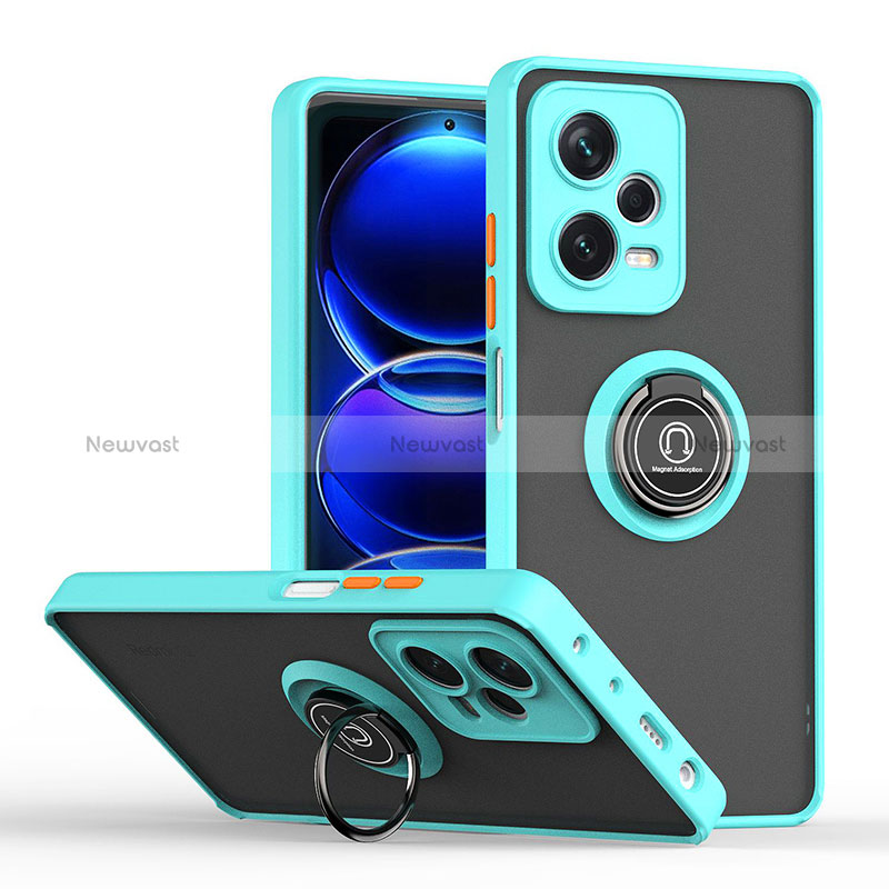 Silicone Matte Finish and Plastic Back Cover Case with Magnetic Finger Ring Stand QW2 for Xiaomi Redmi Note 12 Explorer
