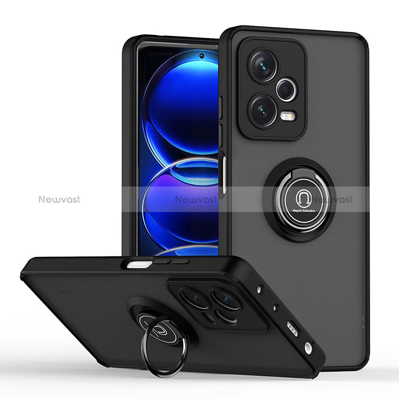 Silicone Matte Finish and Plastic Back Cover Case with Magnetic Finger Ring Stand QW2 for Xiaomi Redmi Note 12 Explorer Black