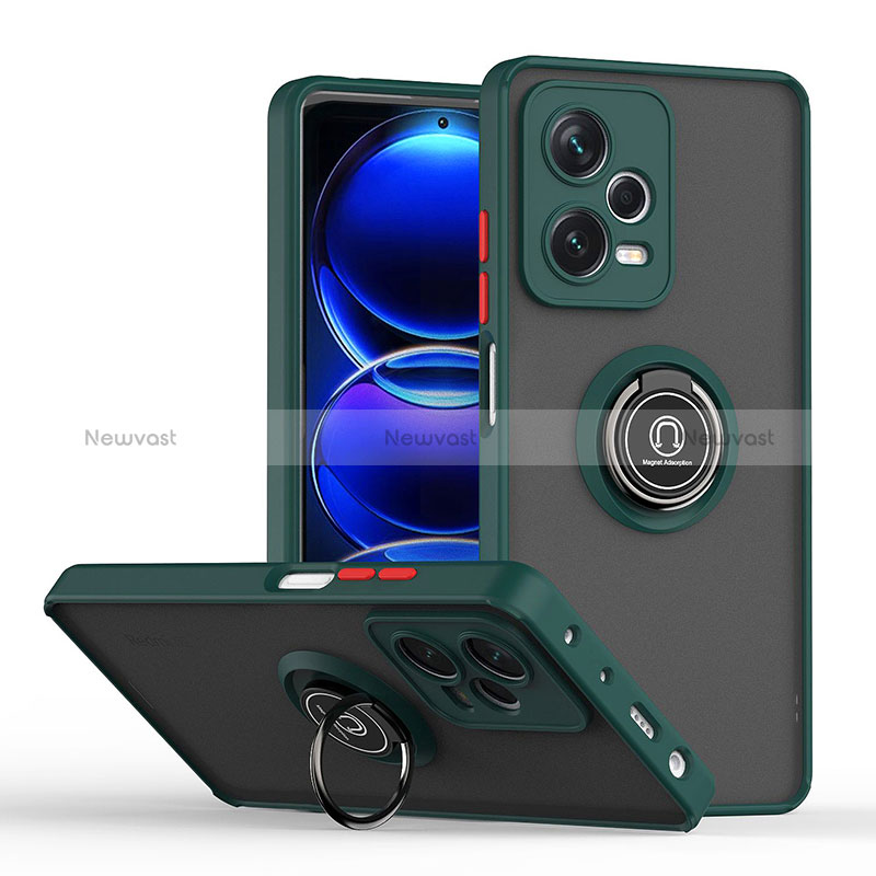 Silicone Matte Finish and Plastic Back Cover Case with Magnetic Finger Ring Stand QW2 for Xiaomi Redmi Note 12 Explorer Midnight Green