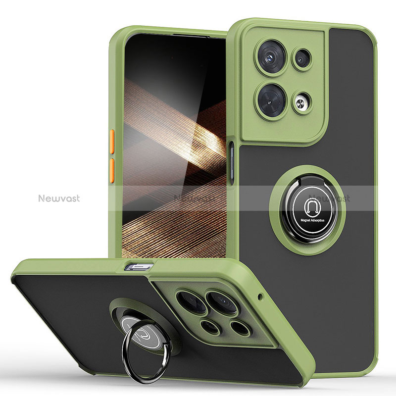 Silicone Matte Finish and Plastic Back Cover Case with Magnetic Finger Ring Stand QW2 for Xiaomi Redmi Note 13 Pro 5G Army green