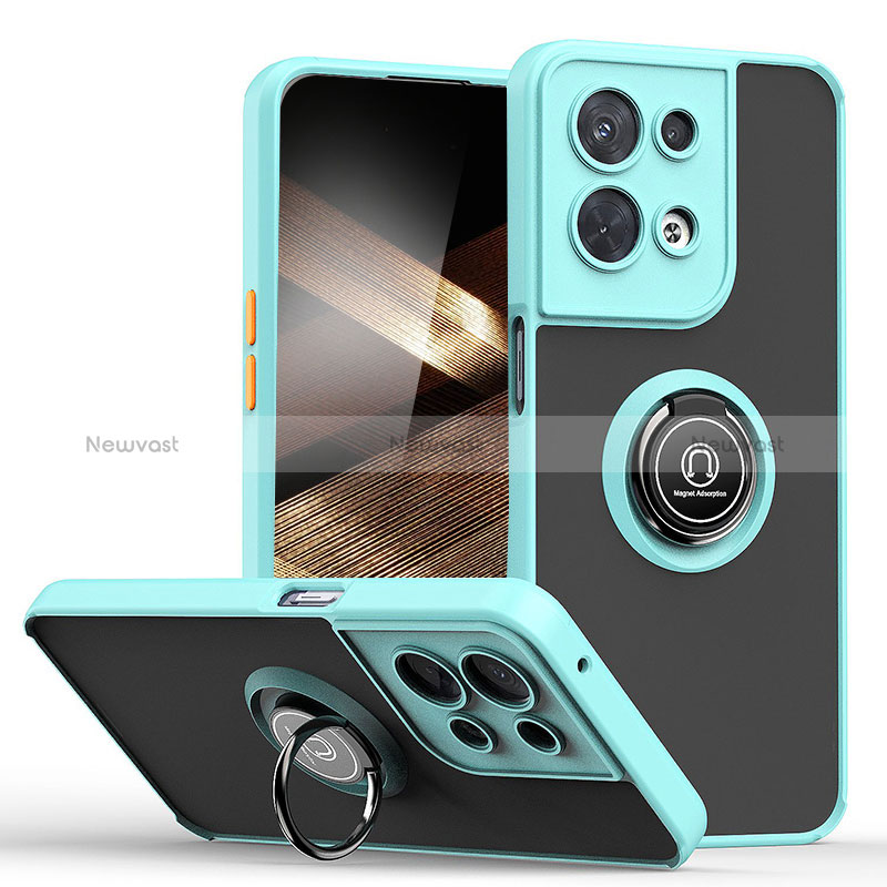 Silicone Matte Finish and Plastic Back Cover Case with Magnetic Finger Ring Stand QW2 for Xiaomi Redmi Note 13 Pro 5G Cyan