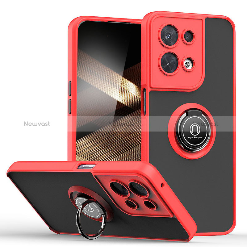 Silicone Matte Finish and Plastic Back Cover Case with Magnetic Finger Ring Stand QW2 for Xiaomi Redmi Note 13 Pro 5G Red