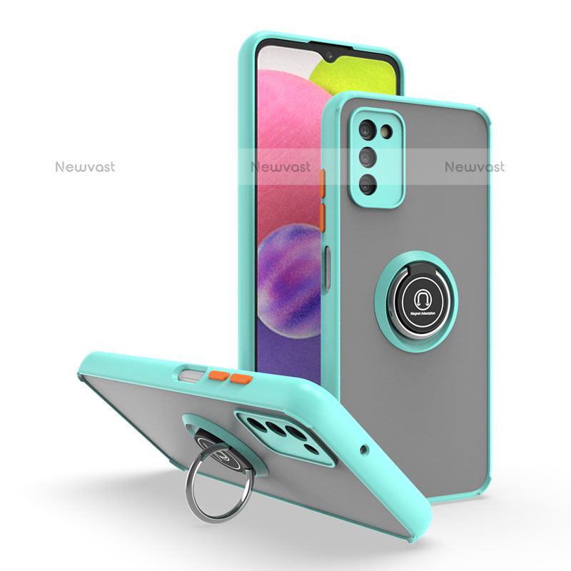 Silicone Matte Finish and Plastic Back Cover Case with Magnetic Finger Ring Stand QW3 for Samsung Galaxy A02s Cyan